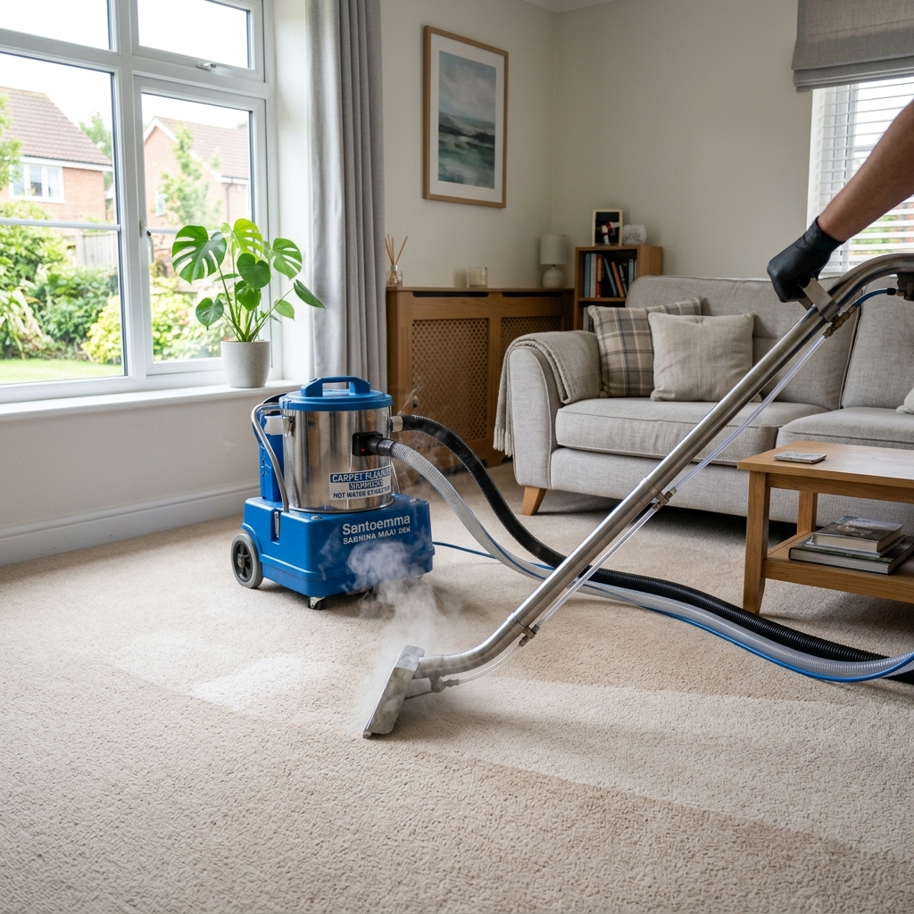 Professional carpet cleaning equipment being used on carpet in a UK home
