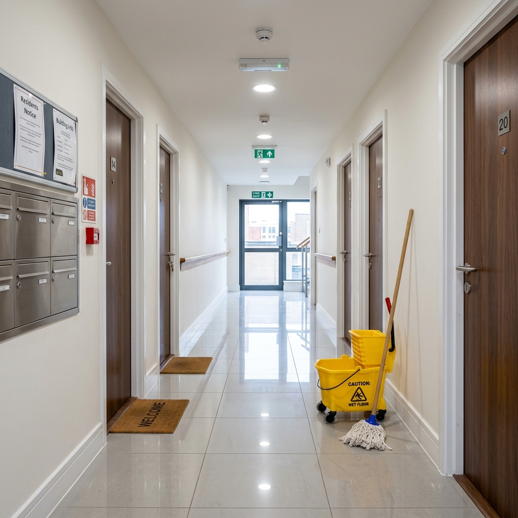 Professional cleaner cleaning a shared hallway in a UK residential building