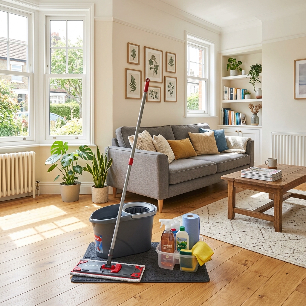 Professional cleaner mopping a bright UK home